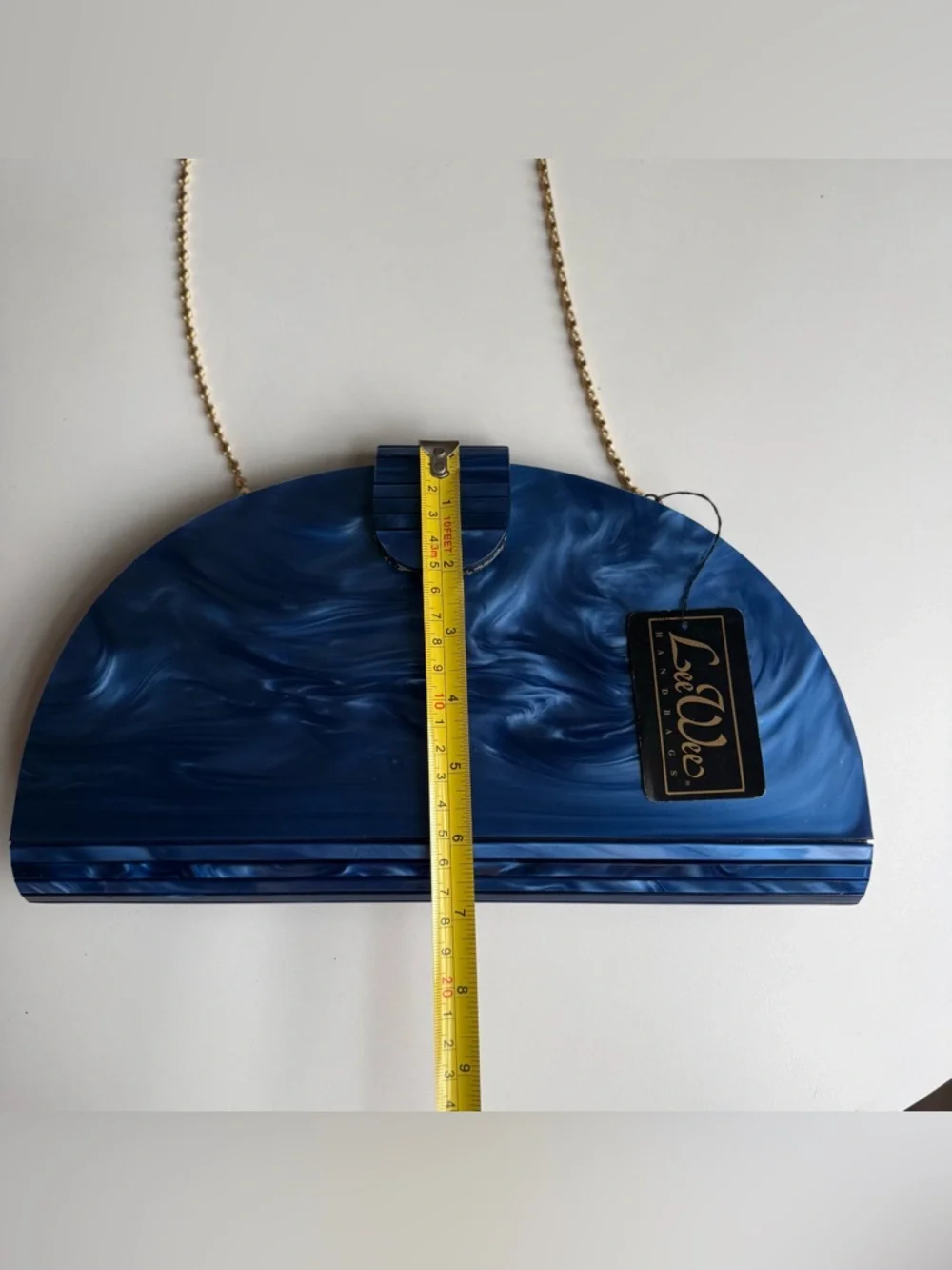 Vintage Lee Wee Hand Bag Unique Blue Marble Acrylic Half Moon Purse Gold Chain - Picture 14 of 16